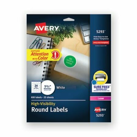 AVERY DENNISON Avery, PERMANENT LASER PRINT-TO-THE-EDGE ID LABELS W/SUREFEED, 1 2/3inDIA, WHITE, 600PK 5293